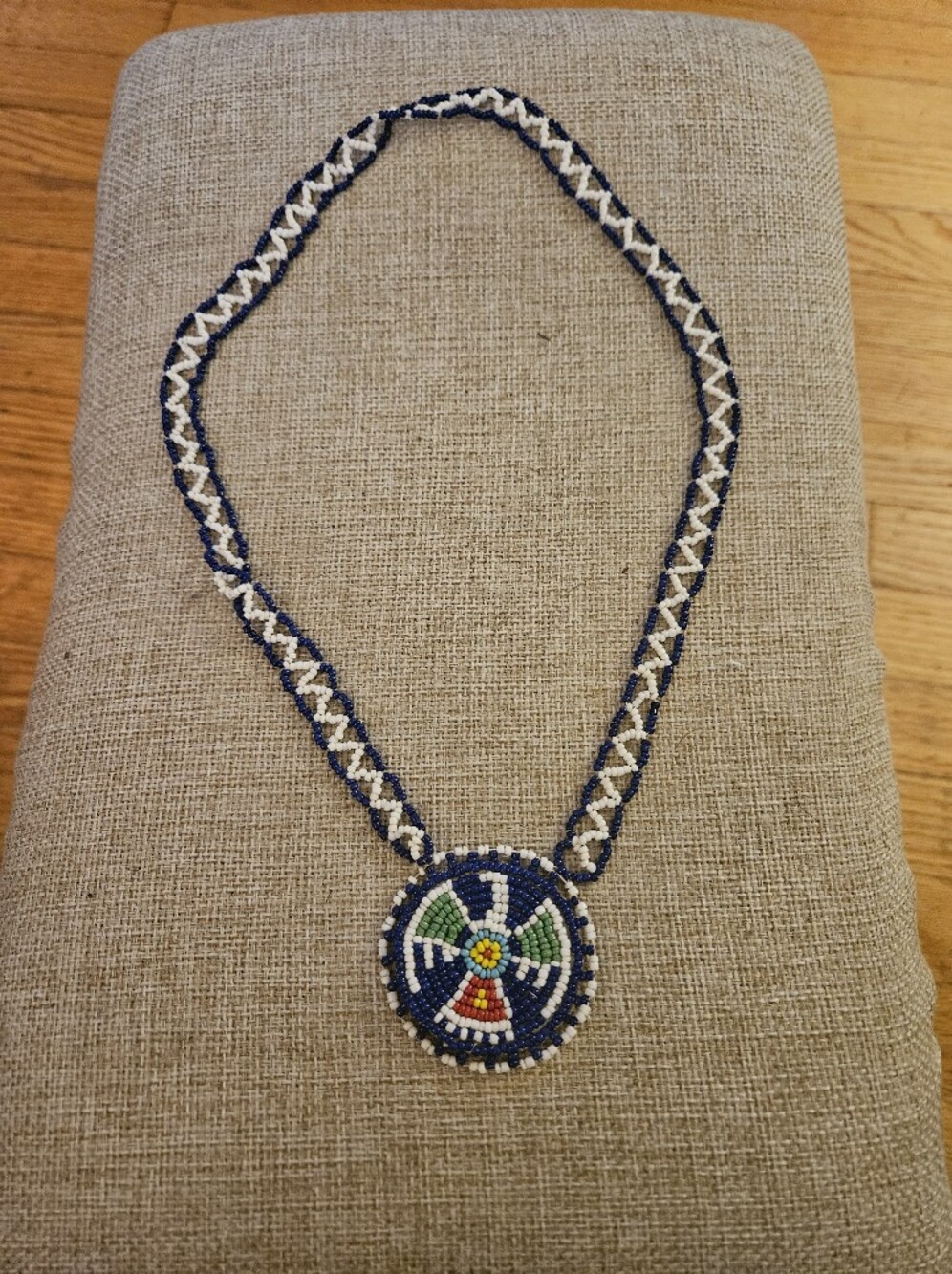 Vintage Handmade Native American  Thunderbird Blue and White Beaded Necklace